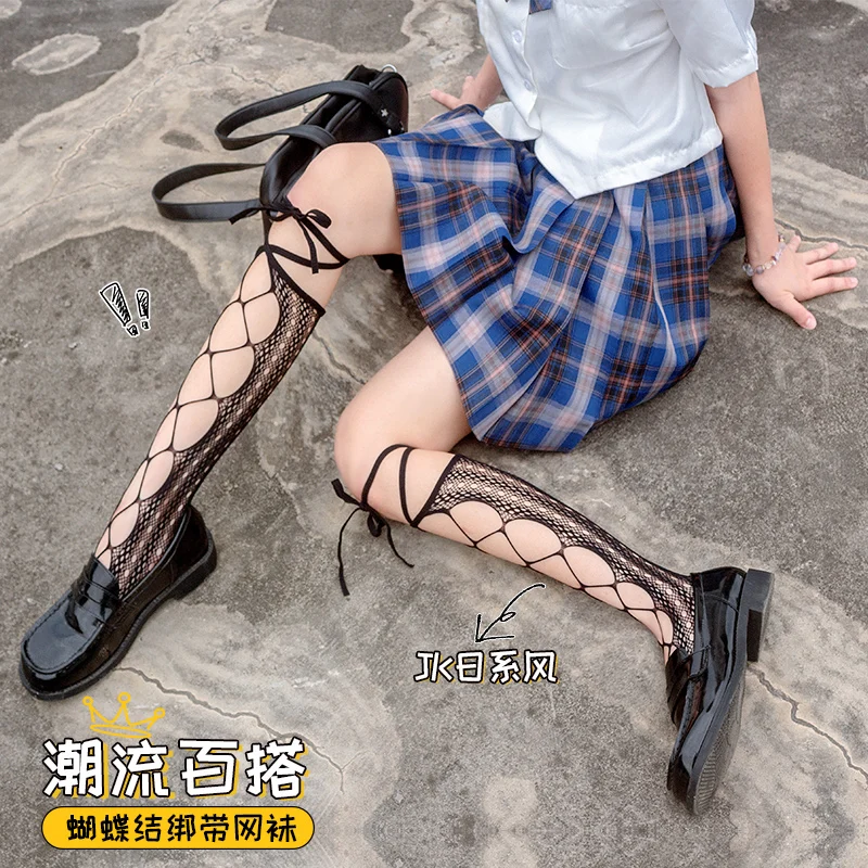 White Lace-up Calf Socks Women's Summer Thin Lace JK Stockings Tube Socks Black Stockings long socks  sock  white socks long