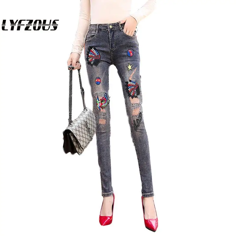 

Fashion Phoenix Embroidery Jeans Women Portrait Patch High Waist Denim Pencil Pants Female Blue Skinny Plus Size Jeans Trousers