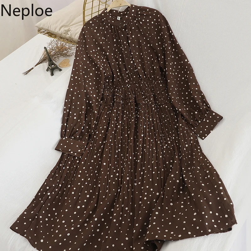 Neploe 2020 платье в горошек женское корейское с круглым вырезом и длинным рукавом