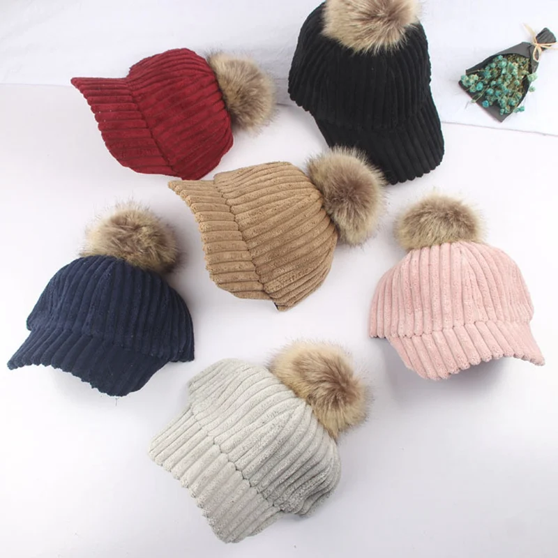 Детская Вельветовая шапка с помпоном теплая для мальчиков и девочек на осень