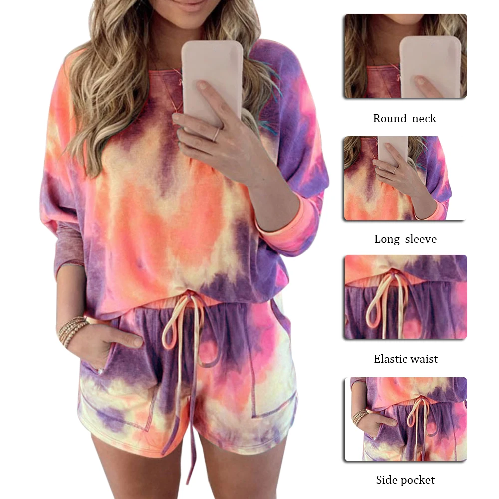 

Tie Dye Printed Women Clothing Set Two Piece Long Sleeve Blouses + Shorts Ladies Outfits Fashion Casual Female Clothes Set D30