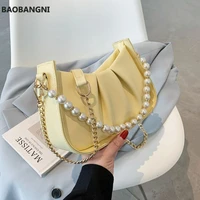 fashion pearl design pu leather small shoulder bags for women summer chain underarm handbags female travel crossbody bag