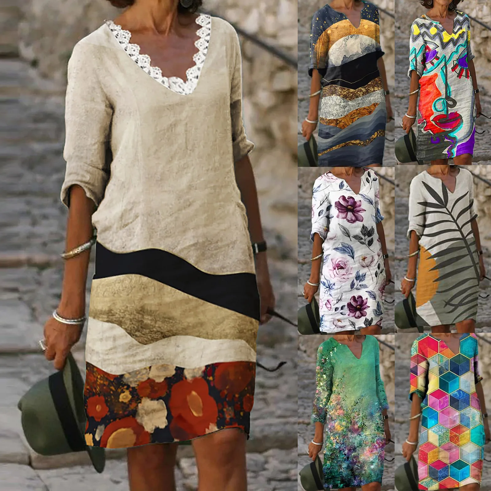 

С коротким рукавом для девочек с v-образным вырезом с принтом свободное платье Женская мода на каждый день в винтажном стиле; Сезон весна-осе...