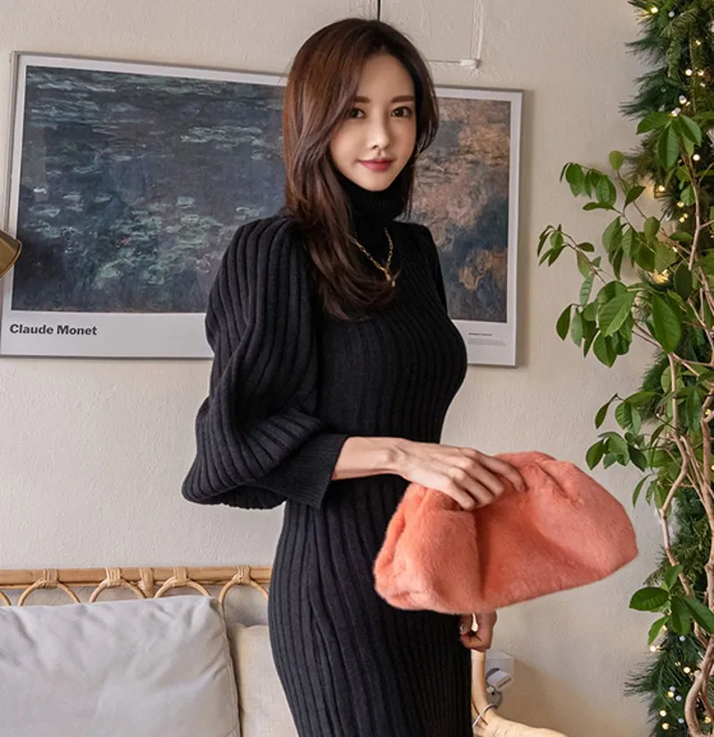 

2020 Autumn Winter Thick Mermaid Sweater Dresses Elegant women Knit Lantern Sleeve Slim knit dress Vestidos