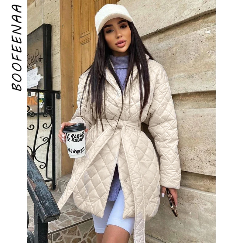 

BOOFEENAA Belted Hooded Quilted Jackets for Women 2021 Winter Puffy Long Coats Street Fashion Outerwear Trench Coat C70-AZI49