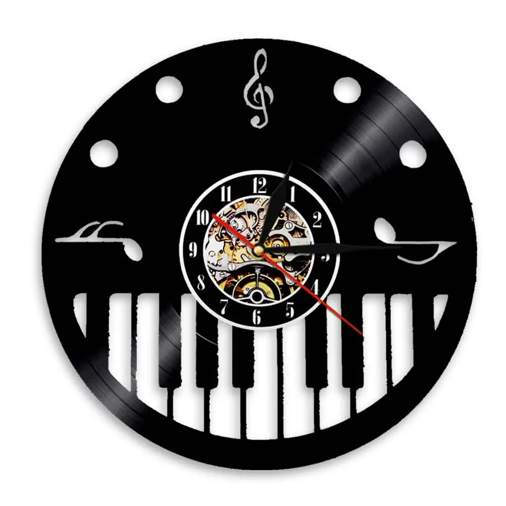 

Piano Keyboard Treble Clef Vinyl Record Wall Clock Music Instrument Musical Notes Retro Music Album Ornament Silent Wall Watch