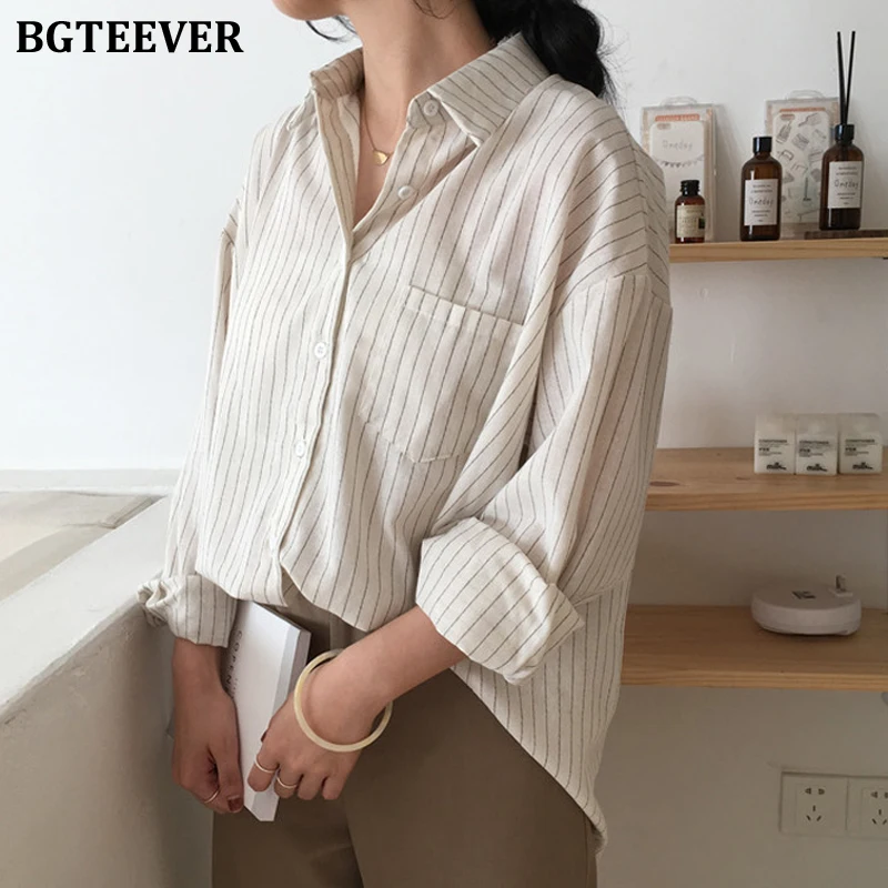 Женская рубашка в полоску BGTEEVER повседневная однобортная Свободная блузка с