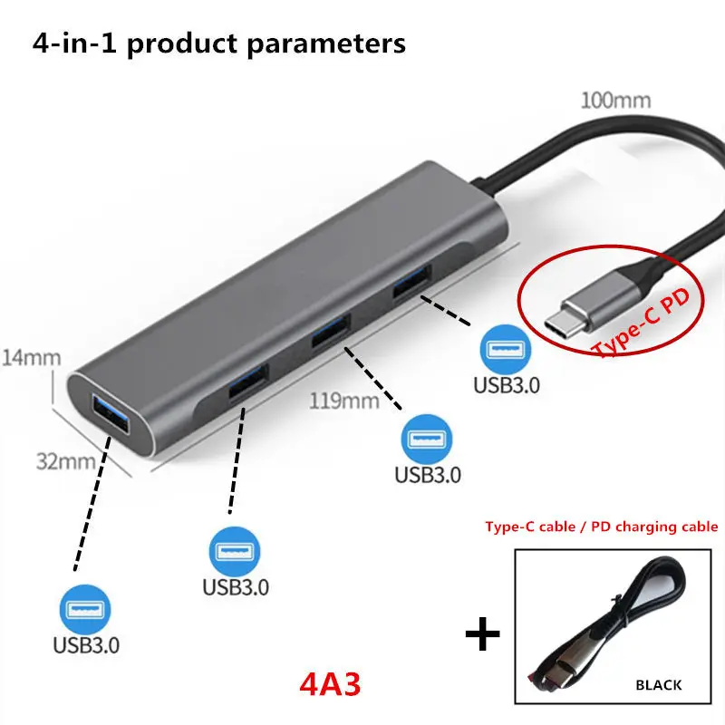 USB 3.0 Multi-Hub USB Splitter 3 USB3.0 Fast Transfer Port for Huawei P20 mate 10 Xiaomi MacBook Pro Computer USB HUB Accessorie - Color: Gray  PDB line