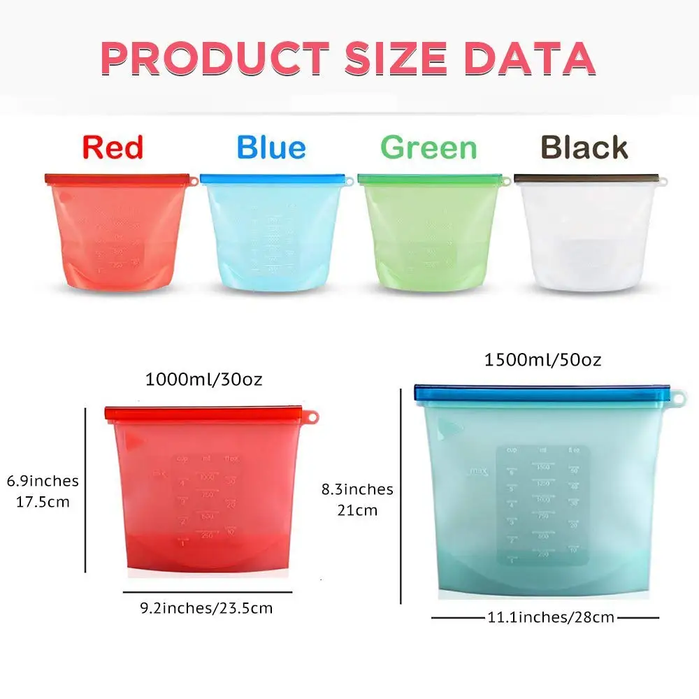 Многоразовая силиконовая сумка для хранения еды 1000 мл 1500 герметичное уплотнение