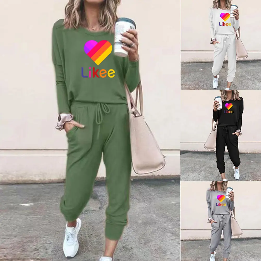 

Spring And Summer 2021 New Casual Simple Women'S Sports Suit Round Collar Printed Long-Sleeve Tops + Pants Two Sets