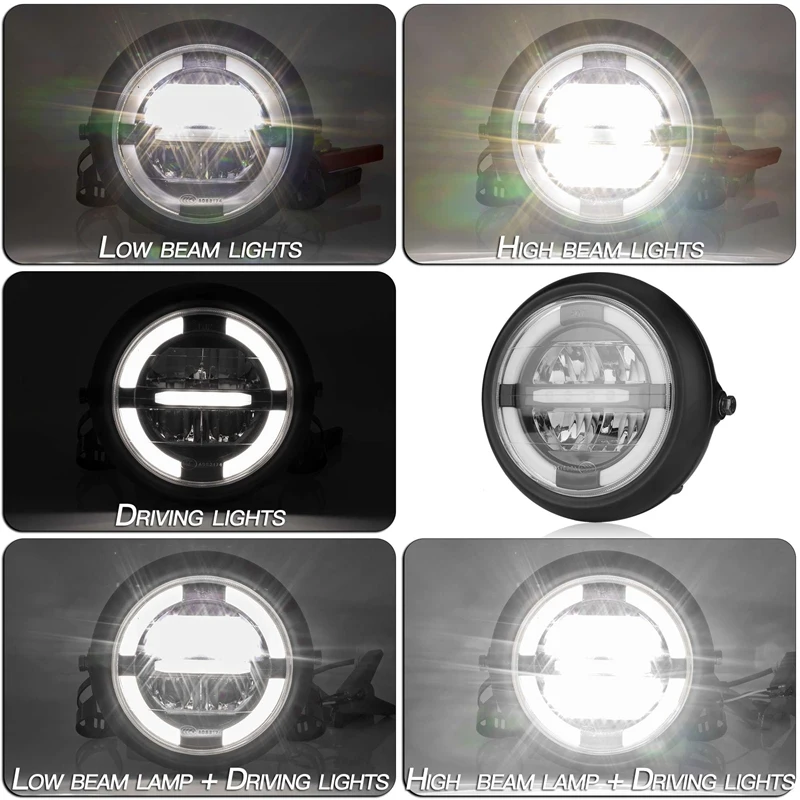 

12V Universal Motorcycle Head Light Lamp 7.5 Inch Motorbike Refit Headlight Black Round Assembly
