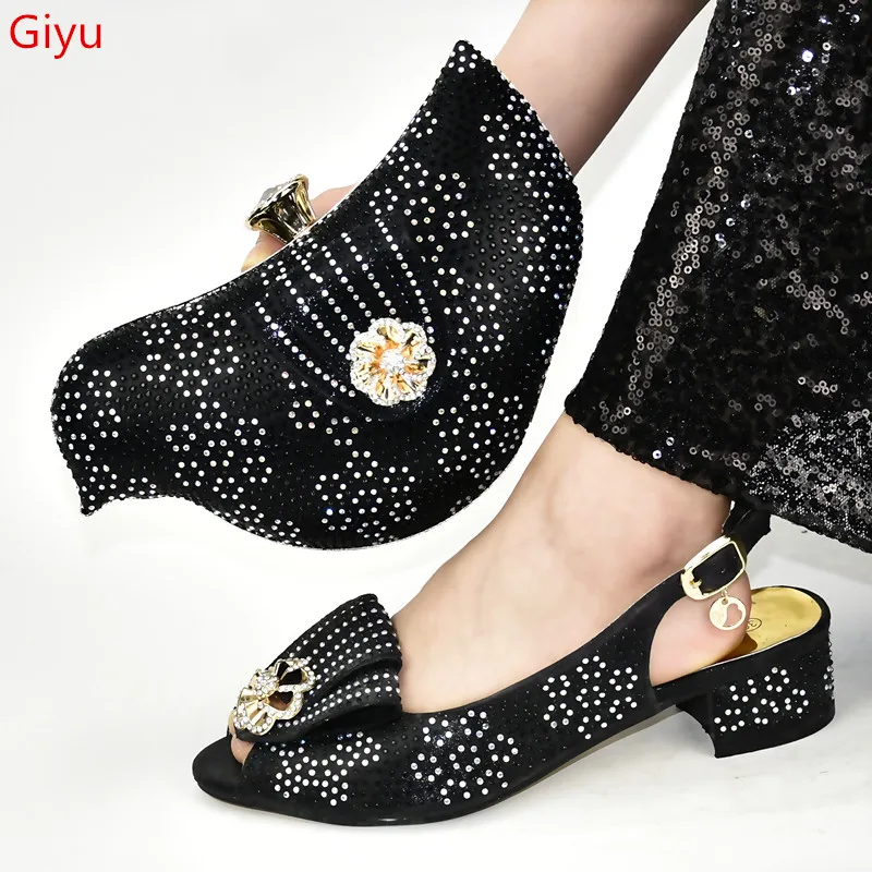 

doershow nice Shoes and Bag Set African Sets 2019 BLACK Color Italian Shoe Bag Set Decorated with Rhinestone High Quality!SJG1-1