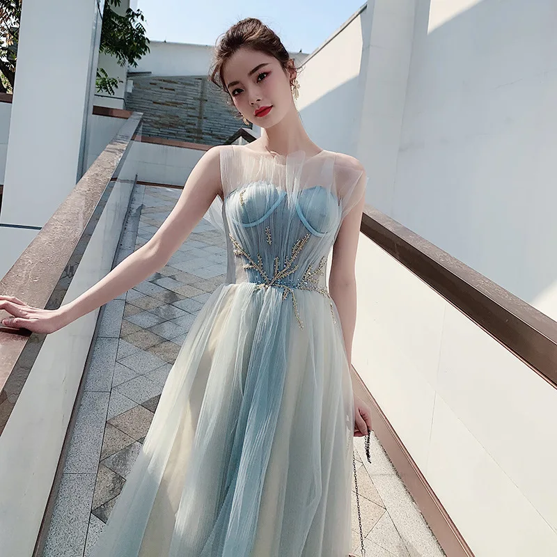 

Dress Female Banquet Temperament 2021 New Pettiskirt Birthday Party Dress Bridesmaid Blue Gradient Fairy Evening Dress A287