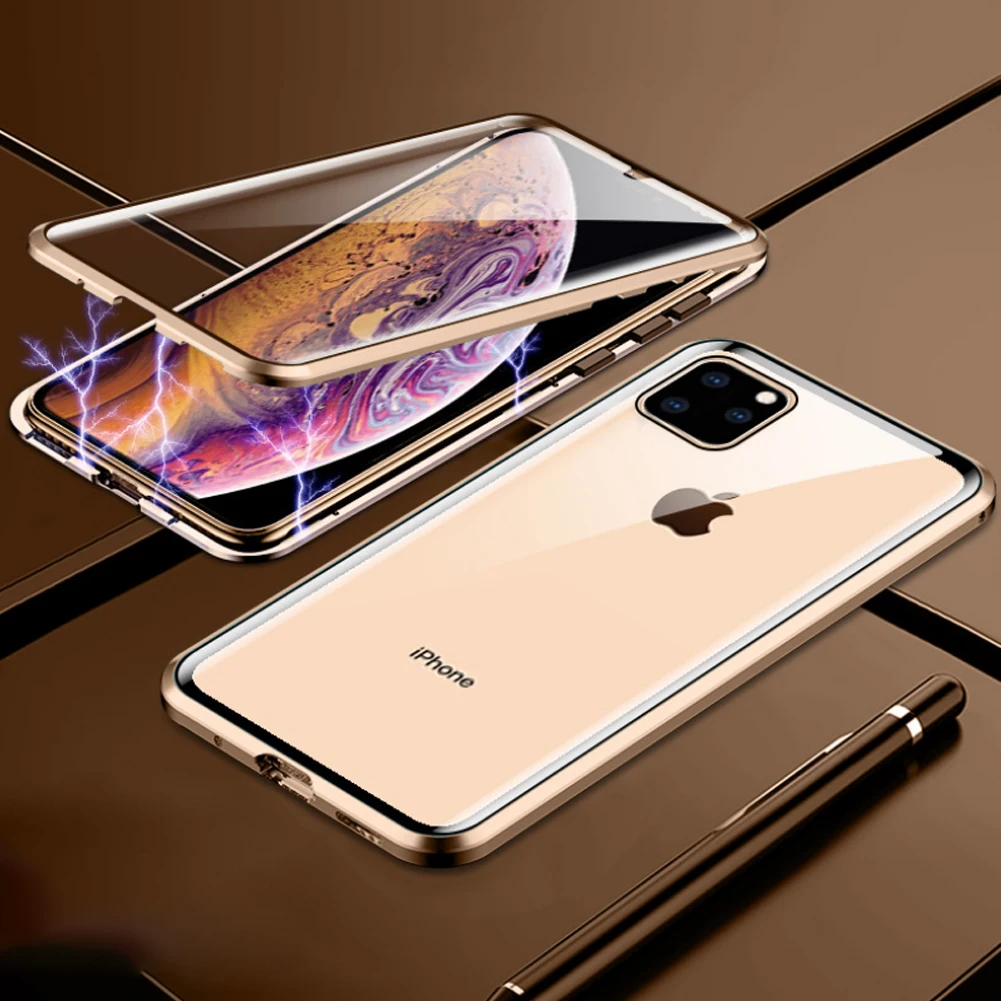 Transparent Gold Магнитный металлический чехол из стекла для iPhone XS MAX XR X 7 8 Plus 11 двухсторонний Магнитный защитный чехол из закаленного стекла для samsung - Цвет: Transparent Gold