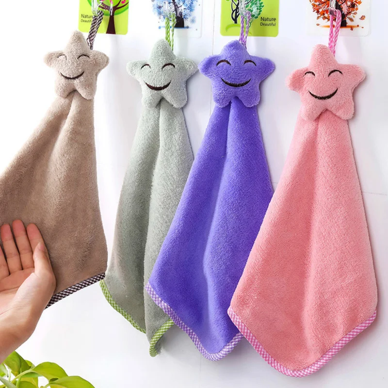 

Cute Star Coral Fleece Kitchen Bathroom Hanging Hand Towel