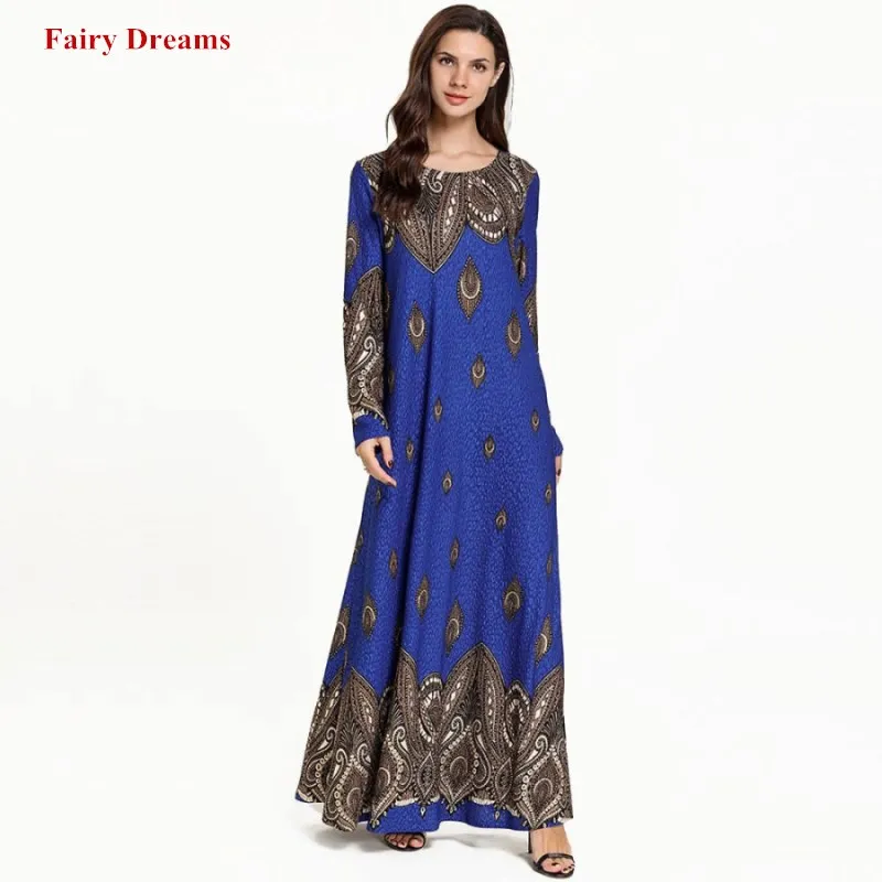 Женское платье макси голубого цвета с длинным рукавом|Одежда Азии и островов