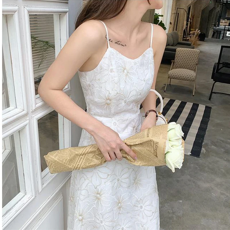 

2021 Summer Embroidery Sexy Elegant Midi Dress Women V-neck Vintage Fairy Strap Dress Party One Piece Dress Korean Office Lady