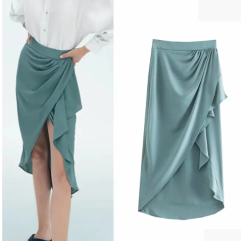 

Za 2021 Summer Female Midi Skirt Casual Blue High Waist Draped Slit Skirt Fashion Ruched Chic Ruffle Side Zip Woman Skirts Mujer