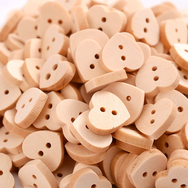 30/50Pcs 2 Holes Heart  Wooden Buttons Cute Natural Color Se