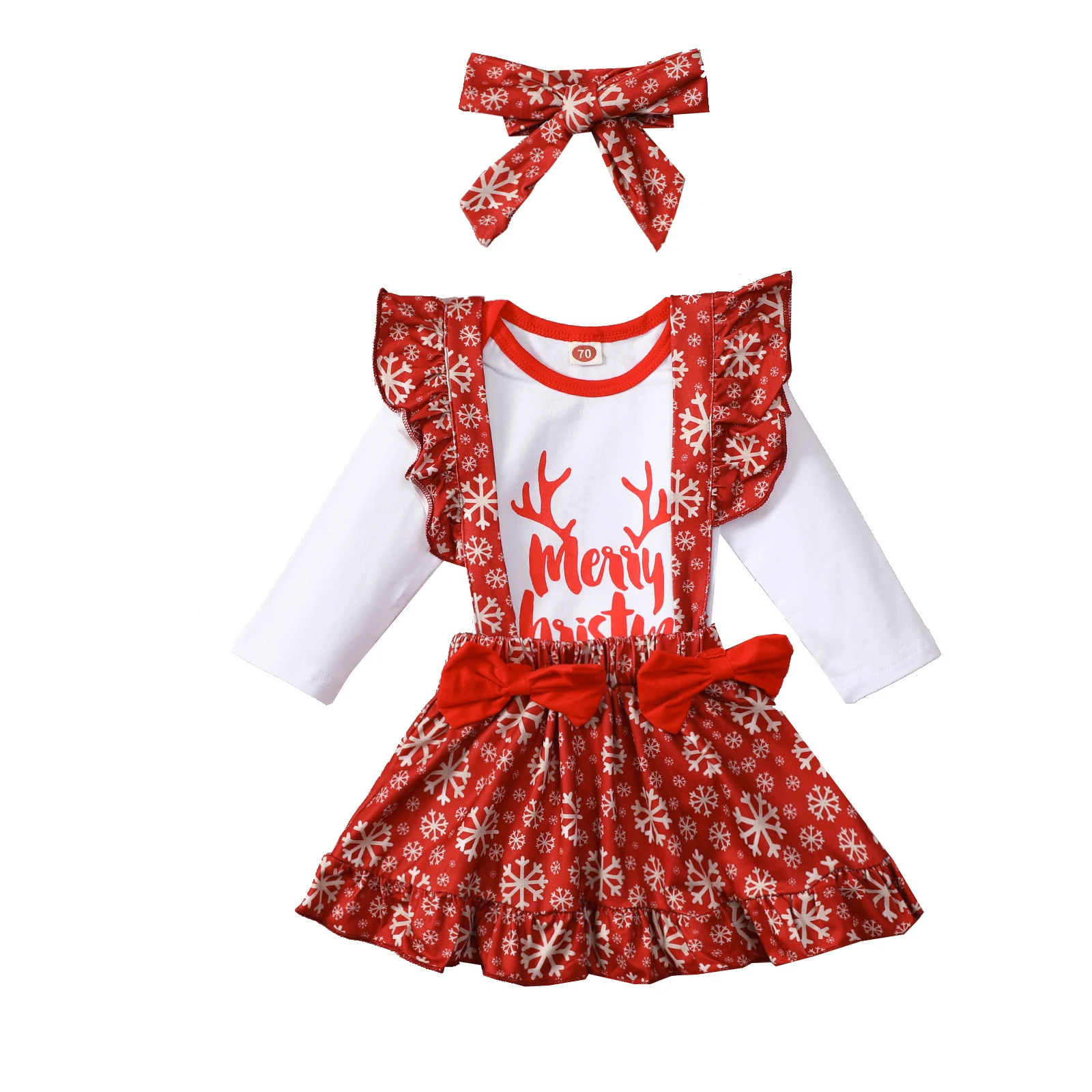 

Baby Girls Autumn Clothes Letter Print Long Sleeve Bodysuit + Snowflake Print Overalls + Bowknot Headband Xmas Outfits 3 Pcs