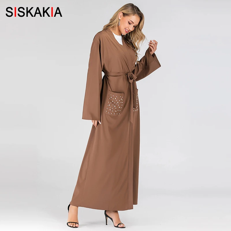 Siskakia современные мусульманские открытые Абайи жемчужные карманы патч чистый