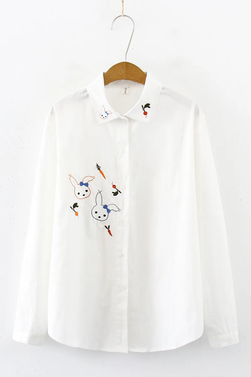 

Autumn New Women Fashion Rabbit Embroidery Long Sleeve Cotton Blouse Shirts Casual Office Lady Shirt Blouses