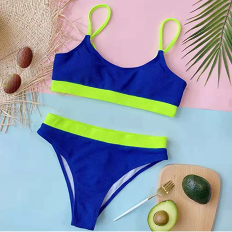 

Women High Waist Bikinis Swimsuits Sexy Ribbed Strap Push Up Swimwear Splicing Bandeau Two-piece Bikini Set Brazilian Beachwear