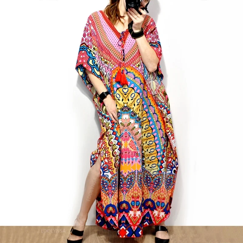 

2021 bohemian kaftan printed in a long summer gown plus size beach wear swim suit cover robe