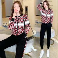 womens long sleeved knit suit 2021 plaid love jacquard all match cute loose and thin long sleeved top knitted two piece suit