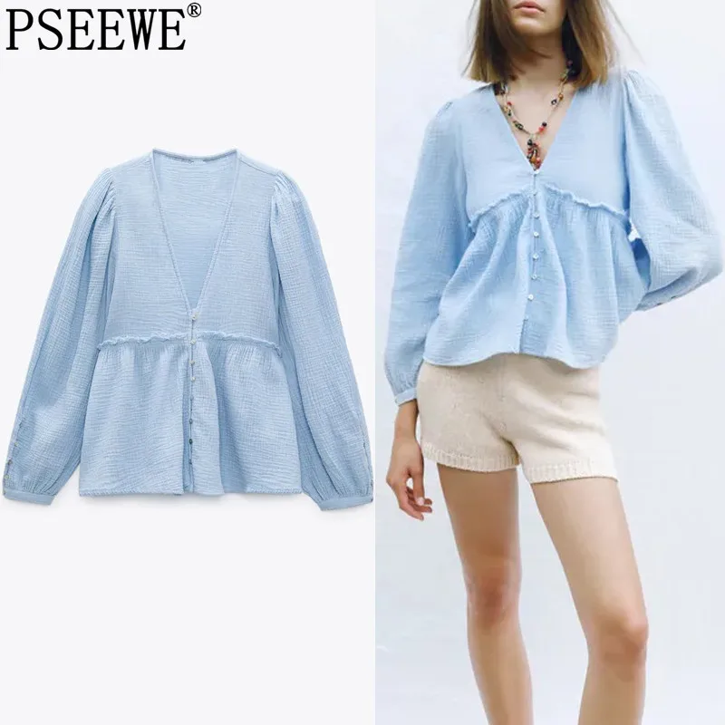 

Блузка PSEEWE Za Женская с оборками, шикарный топ с рюшами и длинным рукавом-фонариком, модная рубашка на пуговицах, лето 2021