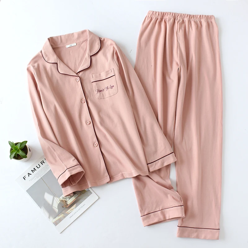 Autumn And Winter Cotton 2PCS Couple Pajamas Set Women Long Sleeve Trouser Sleepwear Female Loose Casual Home Service Suit