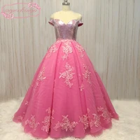 real picture prom dresses 2020 sparkly sequins sweetheart pink lace appliques tulle floor length evening dresses gowns
