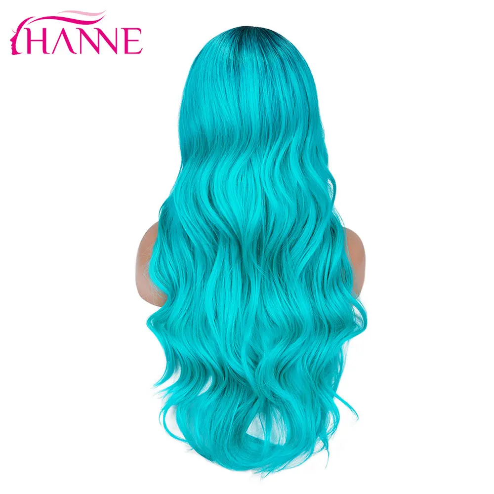 

HANNE Long Wavy Ombre Lake Blue Natural Side Part Synthetic Wigs for Women Heat Resistant Cosplay Wig