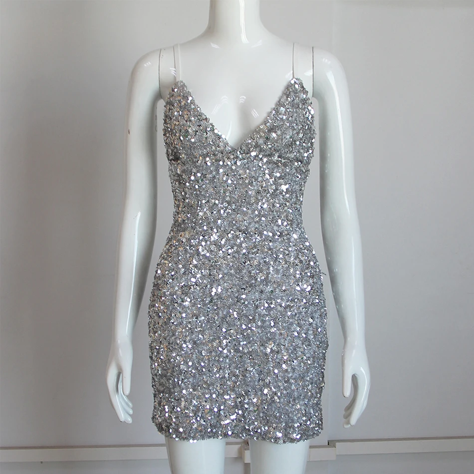 

Ailigou Summer 2021 Ladies Sparkling Silver Party Dress Sexy V-Neck Backless Sequin Celebrity Party Club Dress Vestidos