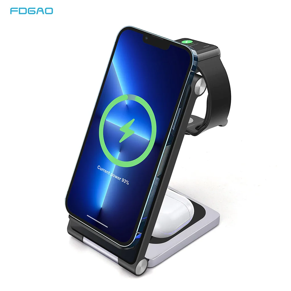 

Беспроводное зарядное устройство Qi для iPhone 13 12 11 Apple Watch 3 в 1, складная док-станция для быстрой зарядки Airpods Pro iWatch, 15 Вт