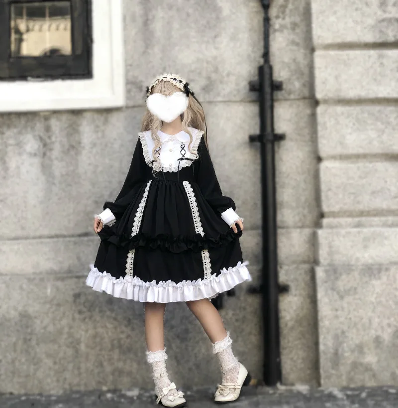 Однотонное платье в стиле &quotЛолита&quot большая юбка с длинными рукавами Новое
