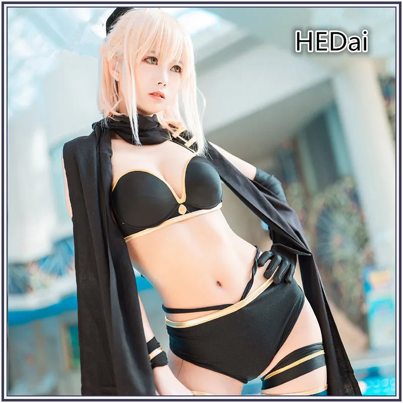 

FGO Fate Okita Souji Cosplay Costume Woman Sexy Swimsuits Black Dress Swimwear