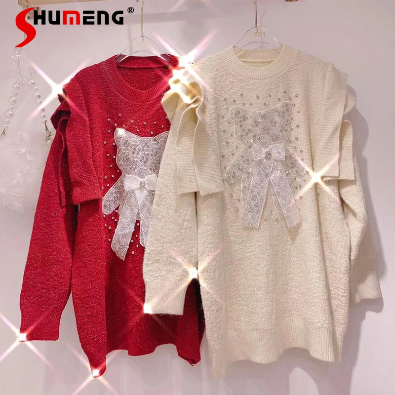 2022 Winter New Ladies Korean Style Sweet Rhinestone Cute Bear Sweater Women's Fashion Fairy Round Neck Pullover Knitted Top
