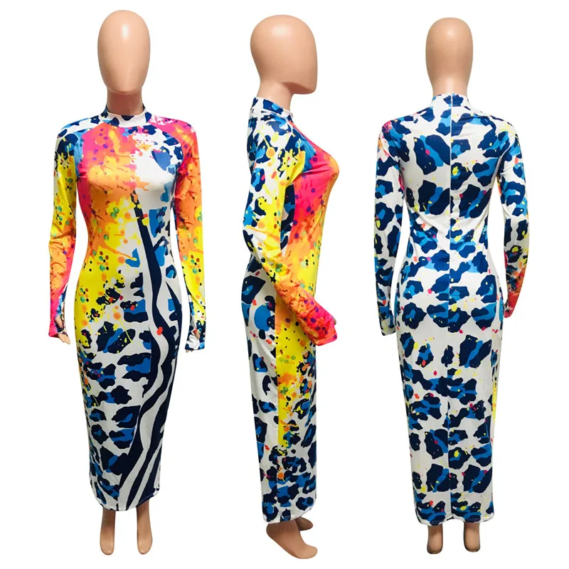 

Leopard Tie Dyeing Print Patchwork Women Dress 2020 Sexy Clubwear Party Autumn Long Sleeve Bodycon Long Maxi Dress