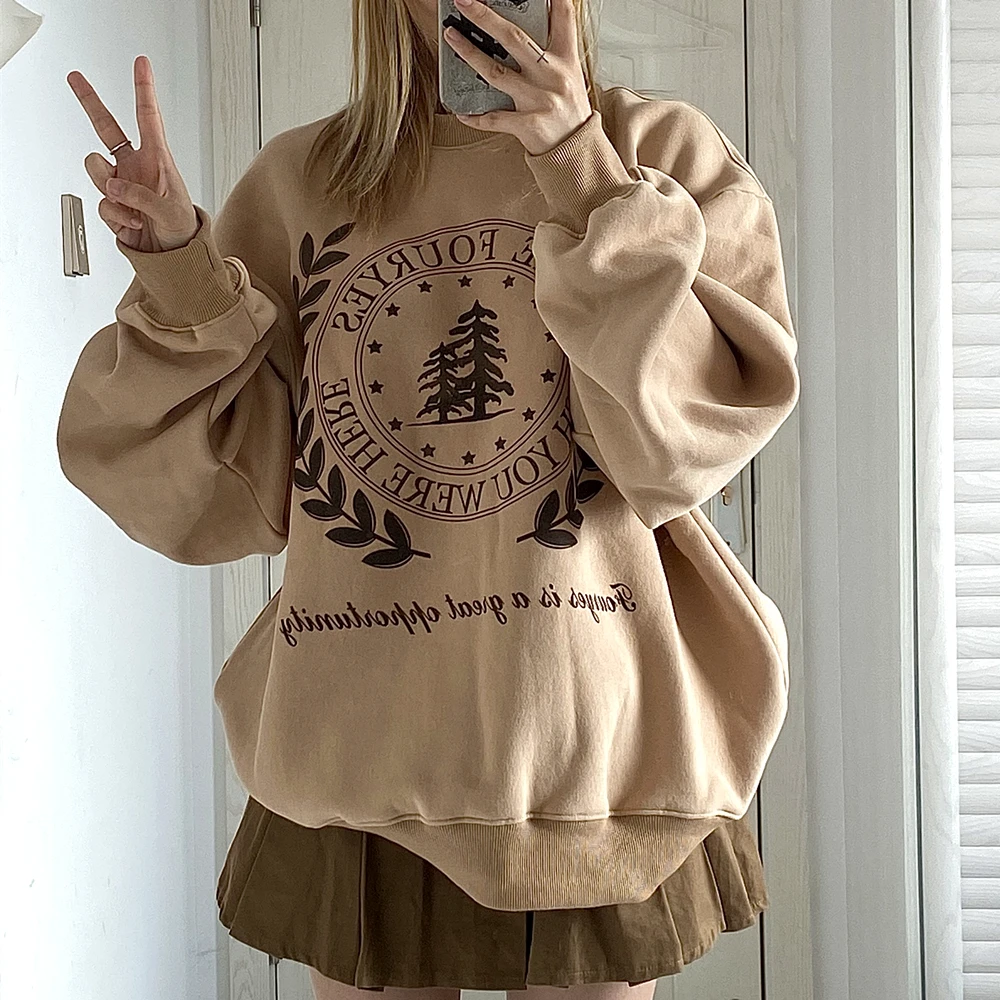 

Женская винтажная толстовка с надписью, ярко-коричневая уличная одежда большого размера в американском стиле, теплые зимние топы с круглым вырезом, корейская мода Y2K