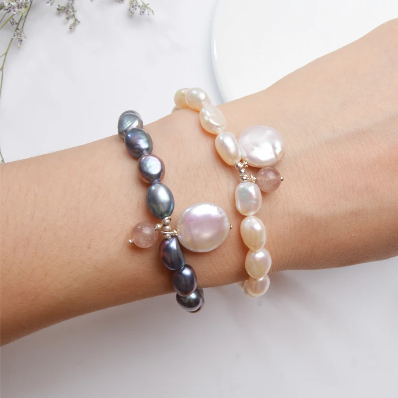 Женские браслеты с натуральным пресноводным жемчугом ASHIQI дружбы белым и черным