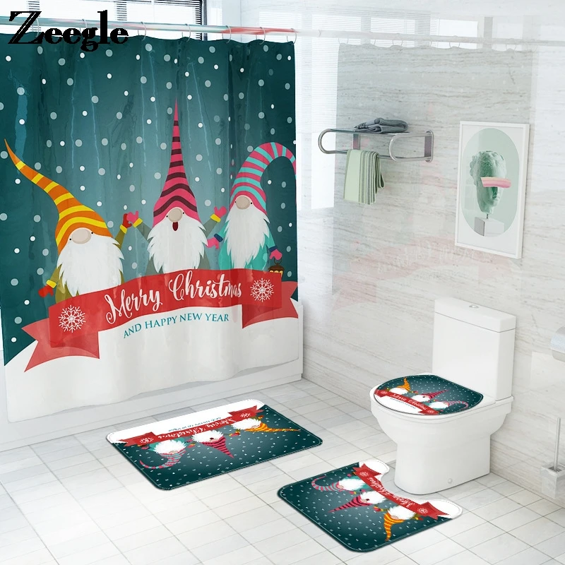 

Christmas Home Decor Bath Mat and Waterproof Shower Curtain Set Waterproof Shower Curtain Anti-Slip Bath Rug Set Toilet Mat