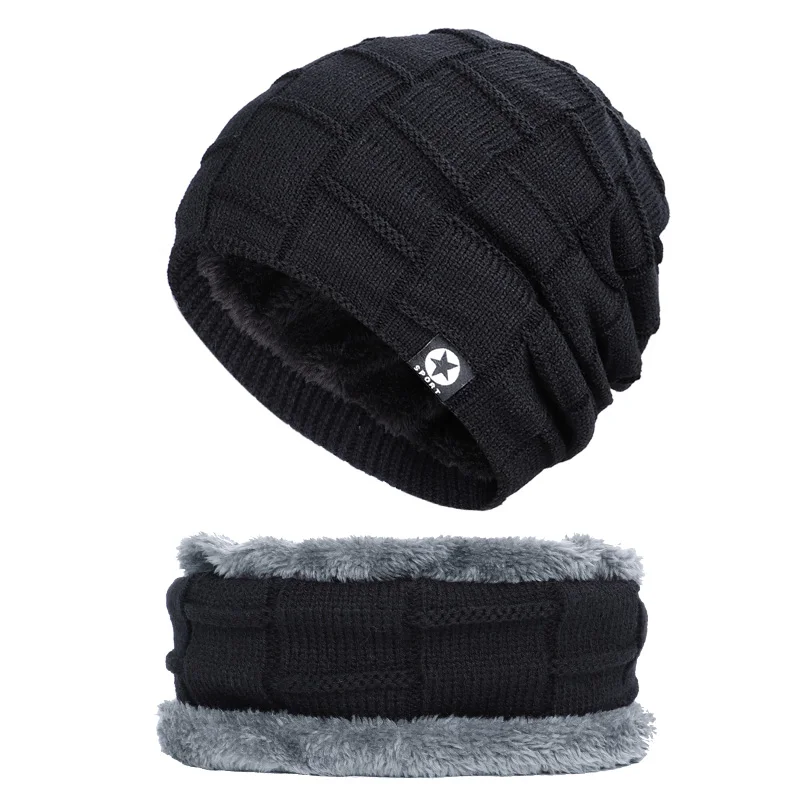 Black-1 Новинка, брендовая мужская зимняя вязаная шапка, шарф, 2 шт, для мужчин/женщин, толстая подкладка, плюс бархатные шапки, Теплая мужская Мягкая шапка, Балаклава - Цвет: Black-1