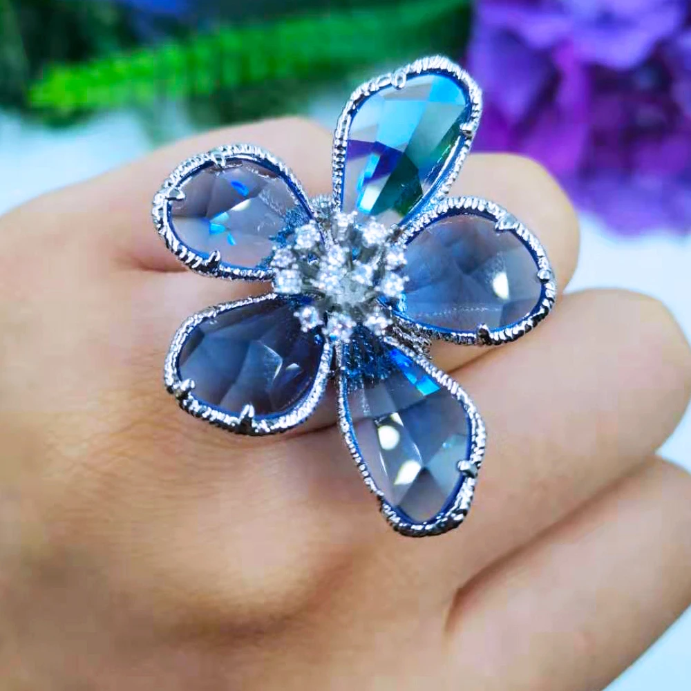 

missvikki 3 Colors Luxury Big Flower Ring Blue Clear Crystal Noble Wedding Rings for Women Shiny Stone Party Wedding Jewelry