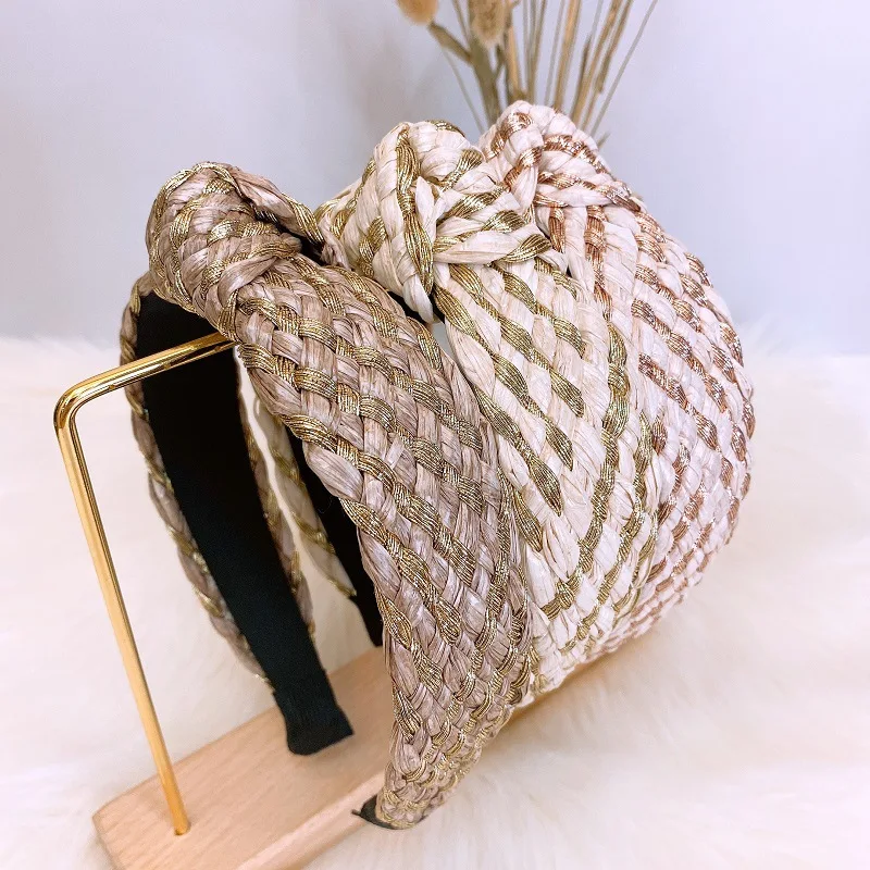 

Straw headband European and American summer new retro ethnic grass woven middle knot wide brim headdress