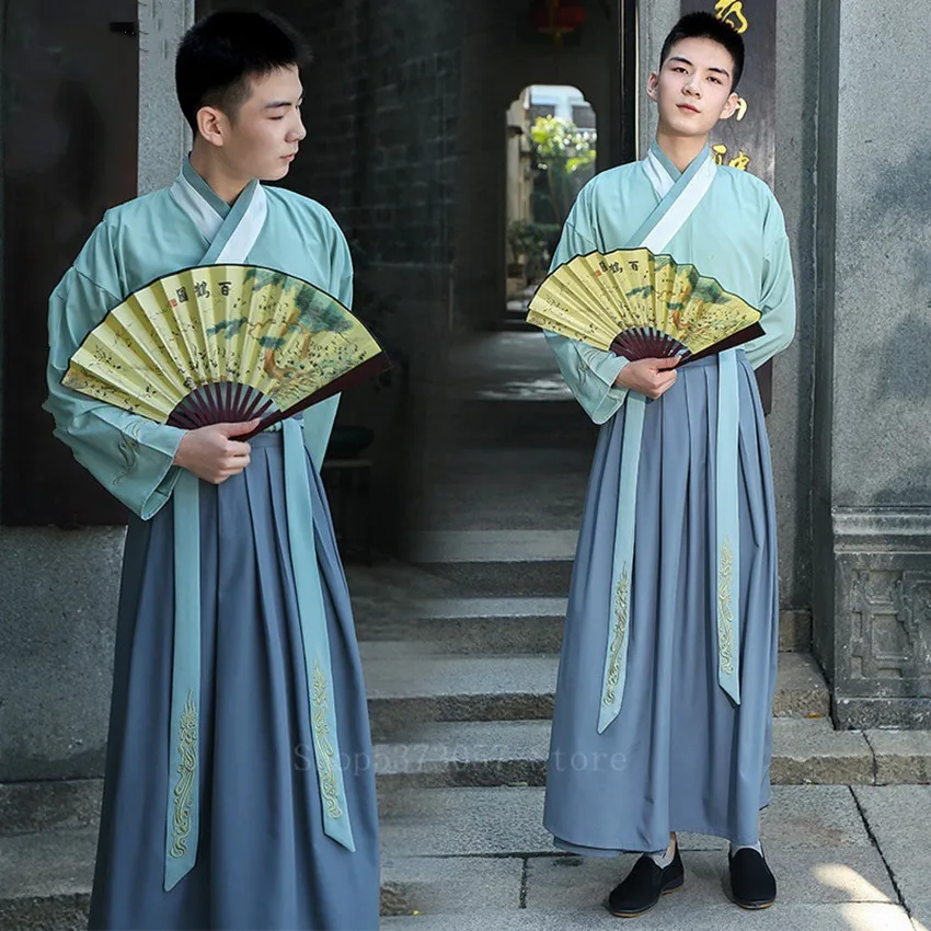 

Традиционная китайская одежда для мужчин и женщин, платье ханьфу, Однотонная юбка, одежда для народных танцев старой династии Хань, костюм д...