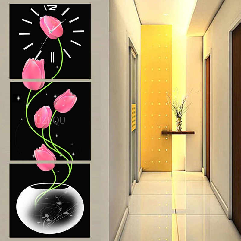 Triptych 5D DIY настенные часы Алмазная картина Полная площадь круглые крестиком