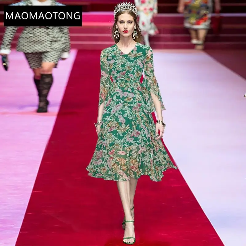 

Fashion Designer Summer Vacation Chiffon Dress Women's V-neck Ruffles Floral Print Vintage Midi Dress
