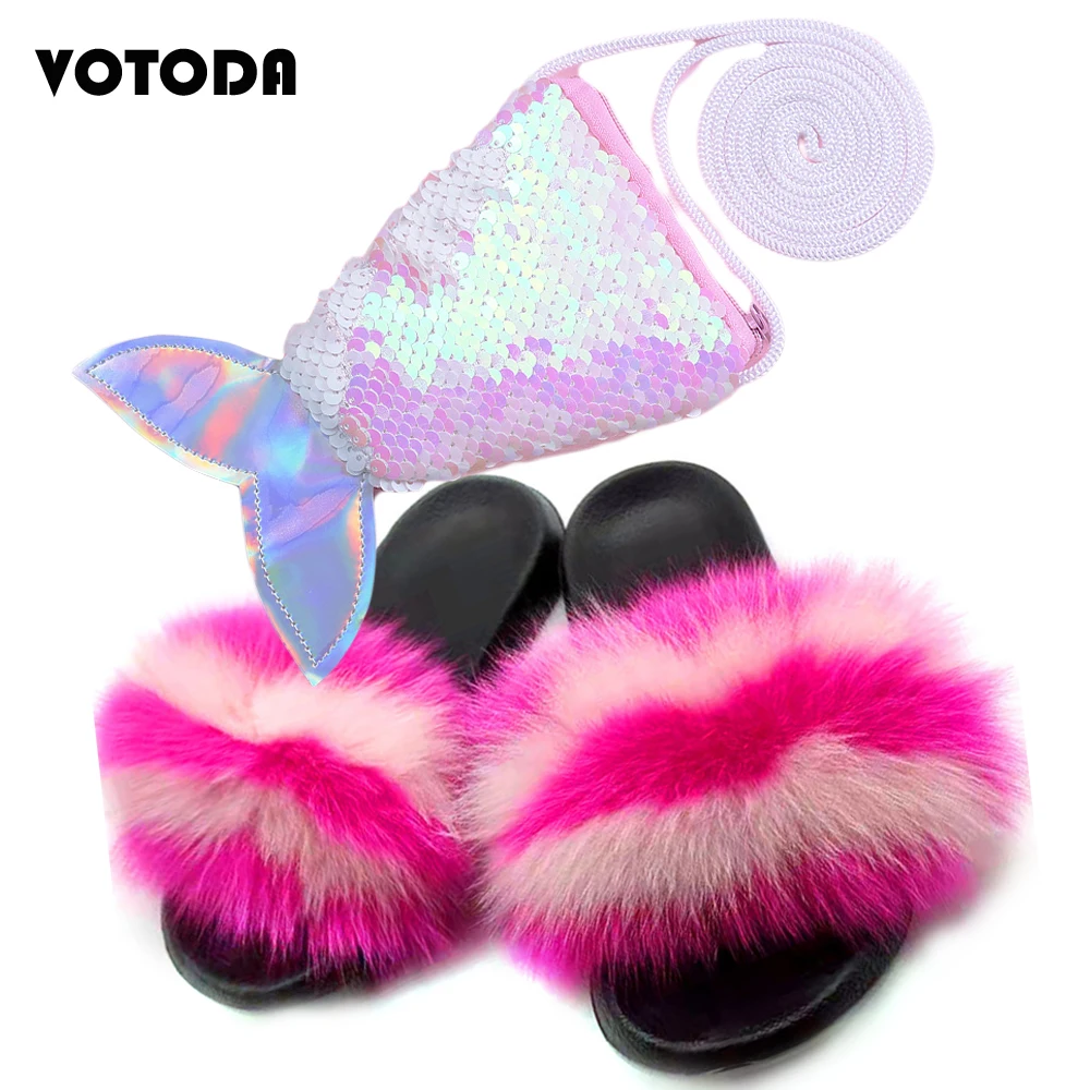 Шлепанцы детские из натурального Лисьего меха комплект с сумочкой и