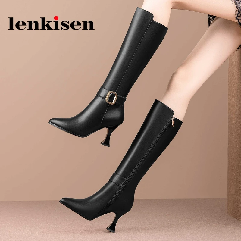 

Lenkisen big size cow leather pointed toe strange high heels buckle decoration young lady mature elegant thigh high boots L90